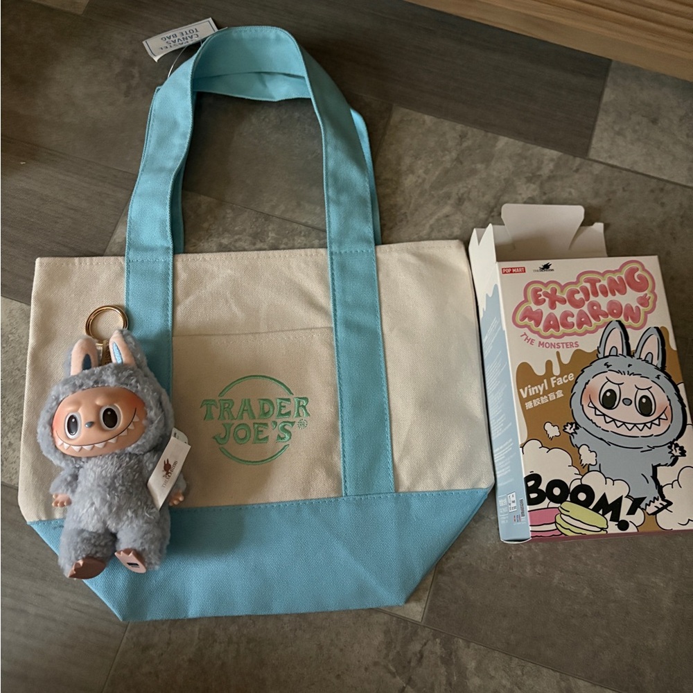 Trader Joe’s mini canvas tote bag and Labubu Macarons Sea Salt